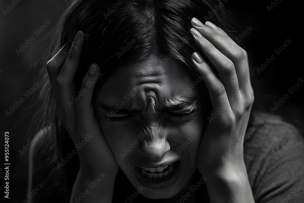 An intense and emotional image of an angry and depressed woman holding her head with both hands, her face contorted in a scream of distress An intense and emotional image of an angry and depressed woman holding her head with both hands, her face contorted in a scream of distress