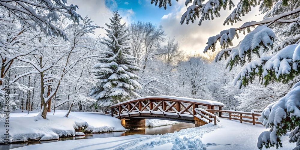 Snow-covered bridge in a winter wonderland surrounded by trees and a blanket of snow Snow-covered bridge in a winter wonderland surrounded by trees and a blanket of snow