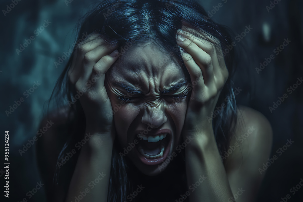 An intense and emotional image of an angry and depressed woman holding her head with both hands, her face contorted in a scream of distress An intense and emotional image of an angry and depressed woman holding her head with both hands, her face contorted in a scream of distress