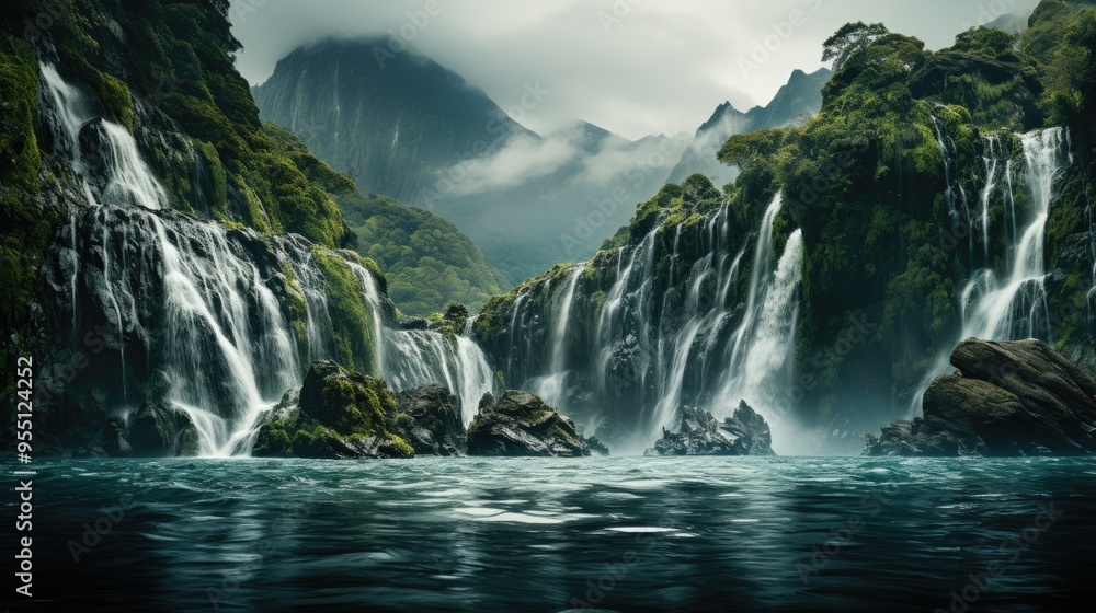 Fototapeta premium Panoramic beautiful deep forest waterfall in norway near blue ocean. Waterfalls mountain view close up.