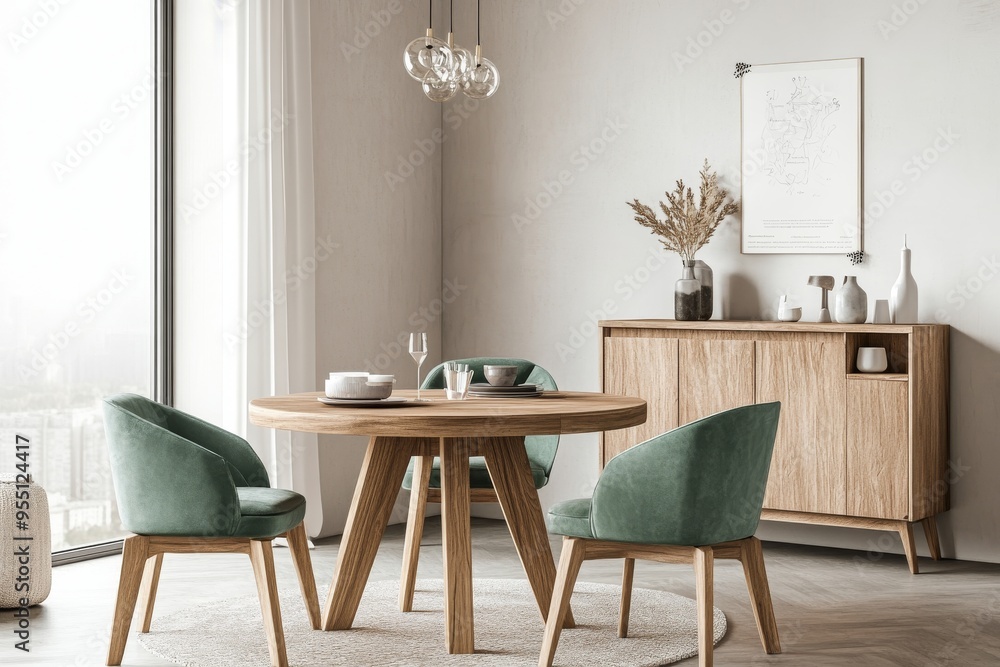 Modern living room with magenta chairs at a round wooden dining table, next to a green wall and a sofa. This is a Scandinavian, mid-century home interior design of a modern living room. Modern living room with magenta chairs at a round wooden dining table, next to a green wall and a sofa. This is a Scandinavian, mid-century home interior design of a modern living room.