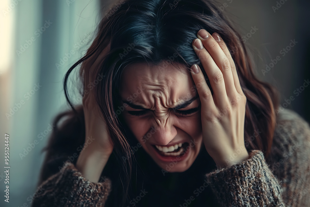 An intense and emotional image of an angry and depressed woman holding her head with both hands, her face contorted in a scream of distress An intense and emotional image of an angry and depressed woman holding her head with both hands, her face contorted in a scream of distress