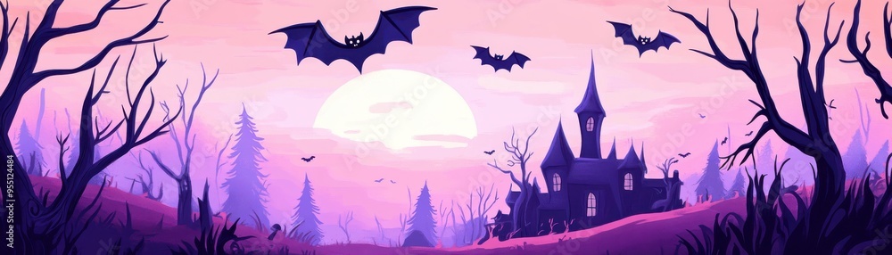 A mysterious landscape featuring bats, a haunted castle, and a twilight sky filled with vibrant purple hues. A mysterious landscape featuring bats, a haunted castle, and a twilight sky filled with vibrant purple hues.