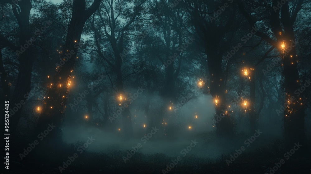 Mysterious foggy forest at night with glowing lights on trees. Mysterious foggy forest at night with glowing lights on trees.