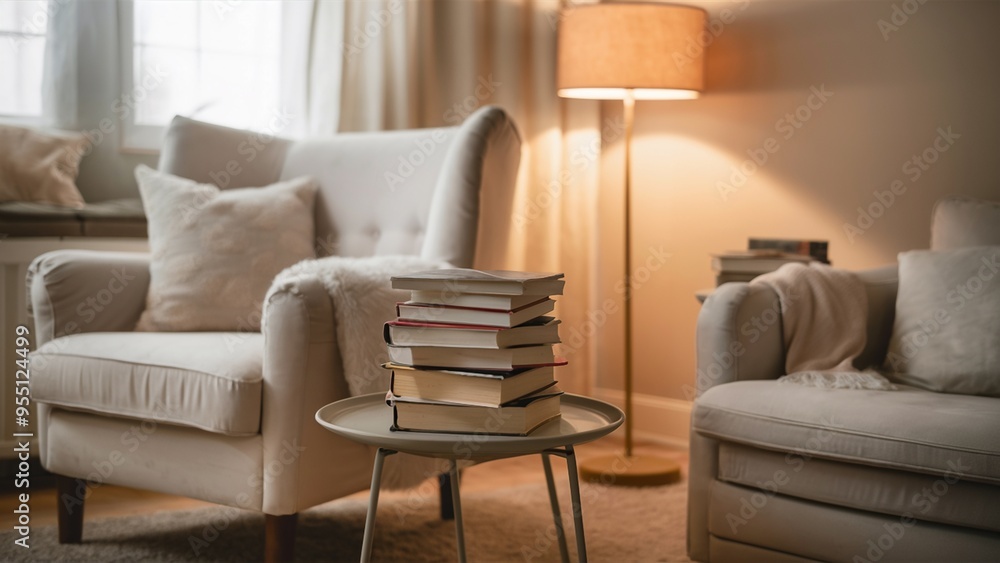 Fototapeta premium Cozy living room with reading nook and floor lamp