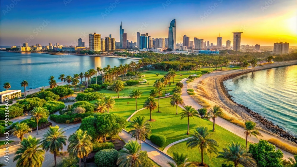 Fototapeta premium Serene Coastal Landscape With A Bustling City Skyline And Lush Greenery In Dhahran, Saudi Arabia
