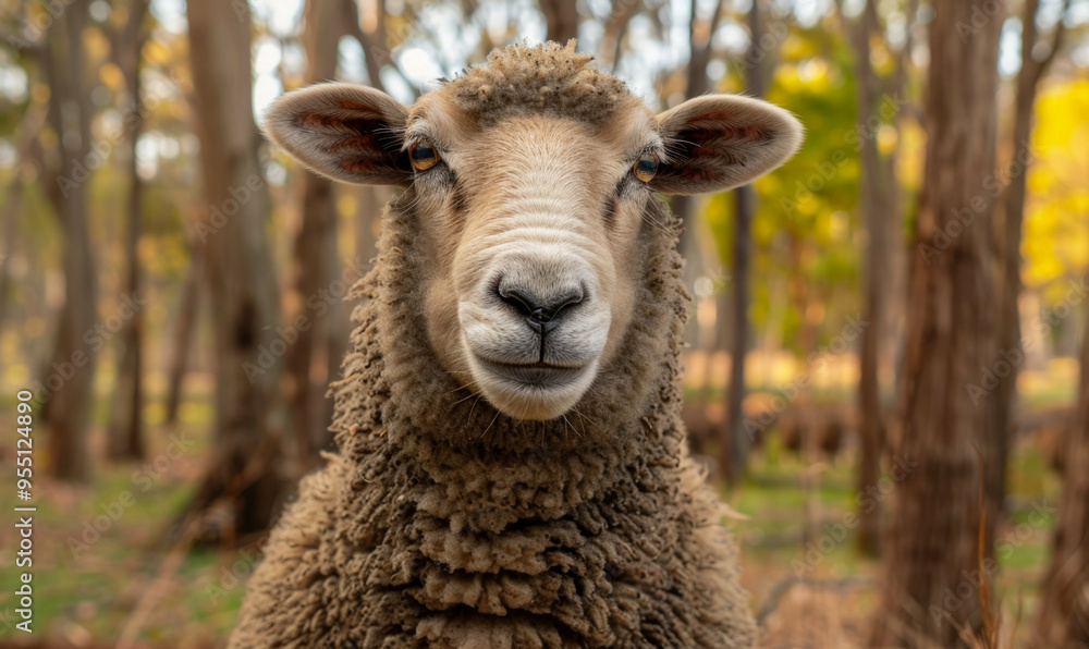 This is an intriguing closeup of a sheeps face, beautifully framed by lush trees in the distant background, showcasing natures delight This is an intriguing closeup of a sheeps face, beautifully framed by lush trees in the distant background, showcasing natures delight