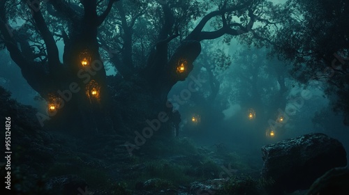 Mysterious Foggy Forest with Glowing Lanterns.