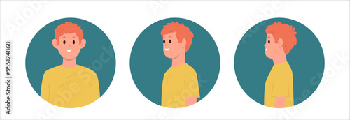 Isolated round avatar composition set with happy smiling teenage boy portrait with various angles