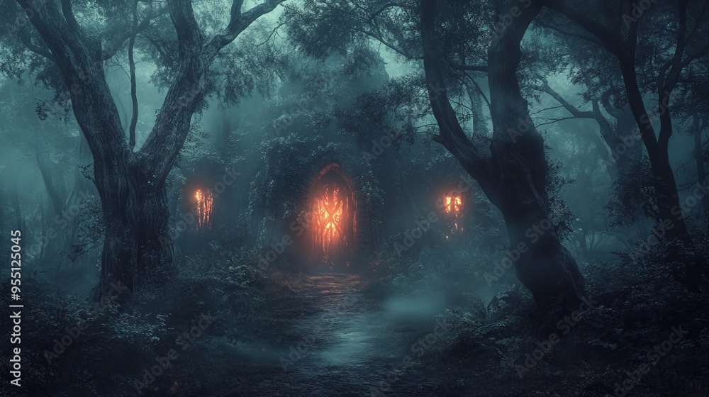 Mysterious glowing archway in a foggy forest with a path leading toward it. Mysterious glowing archway in a foggy forest with a path leading toward it.