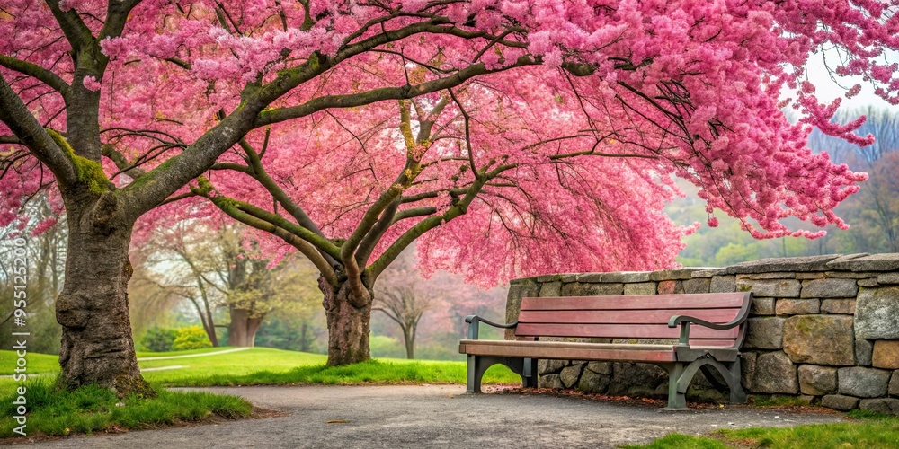 A vibrant pink cherry blossom tree blooms in stark contrast to a worn, stone bench, representing the bittersweet nature of fleeting beauty, warm, overcast spring morning, a realistic photo image. A vibrant pink cherry blossom tree blooms in stark contrast to a worn, stone bench, representing the bittersweet nature of fleeting beauty, warm, overcast spring morning, a realistic photo image.