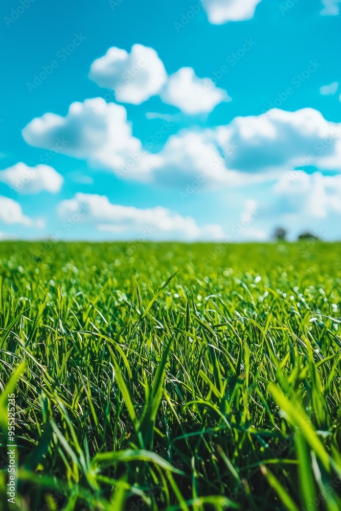 Fototapeta premium A well-trimmed green grass field with blue sky 