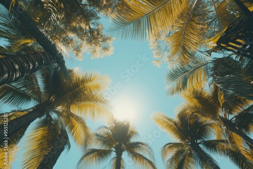 Looking up at a serene tropical scene filled with vibrant palm trees swaying under a clear blue sky. Embrace the calmness and beauty of nature. Generative AI photo