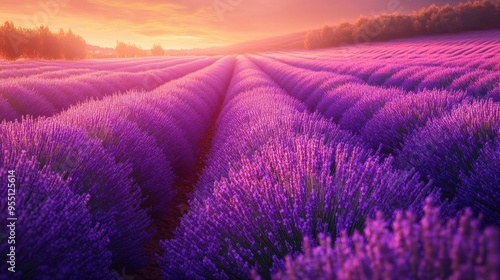 Lavender fields bathed in the soft, atmospheric light of sunset, with the air thick with the scent of flowers and the horizon glowing