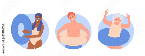 Happy people tourist cartoon character with inflatable rubber ring isolated round composition set