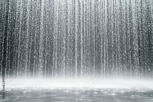 Abstract close-up of a cascading waterfall with water drops and spray against a black background.