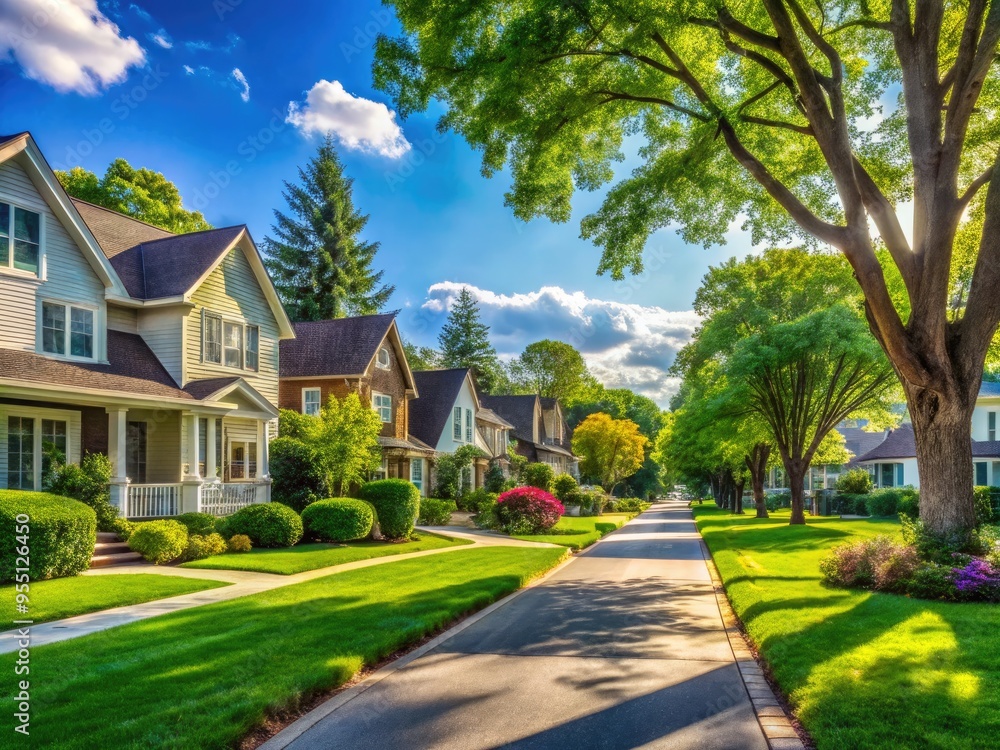 Serene suburban street lined with charming houses, lush green lawns, and tall trees, evoking a sense of tranquility and suburban bliss on a sunny day. Serene suburban street lined with charming houses, lush green lawns, and tall trees, evoking a sense of tranquility and suburban bliss on a sunny day.