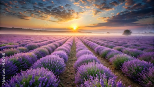 Lavender fields stretch towards the horizon, subtle misty atmosphere, slight backlight, sense of calmness and serenity, a realistic photo image.