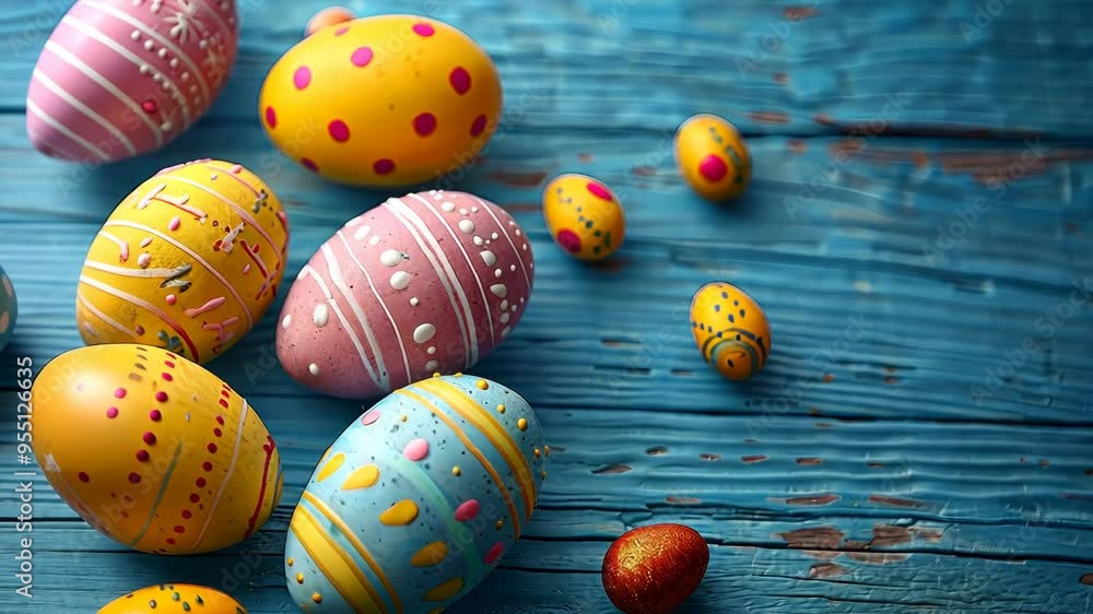 Brightly colored Easter eggs on a blue wooden surface during a spring celebration