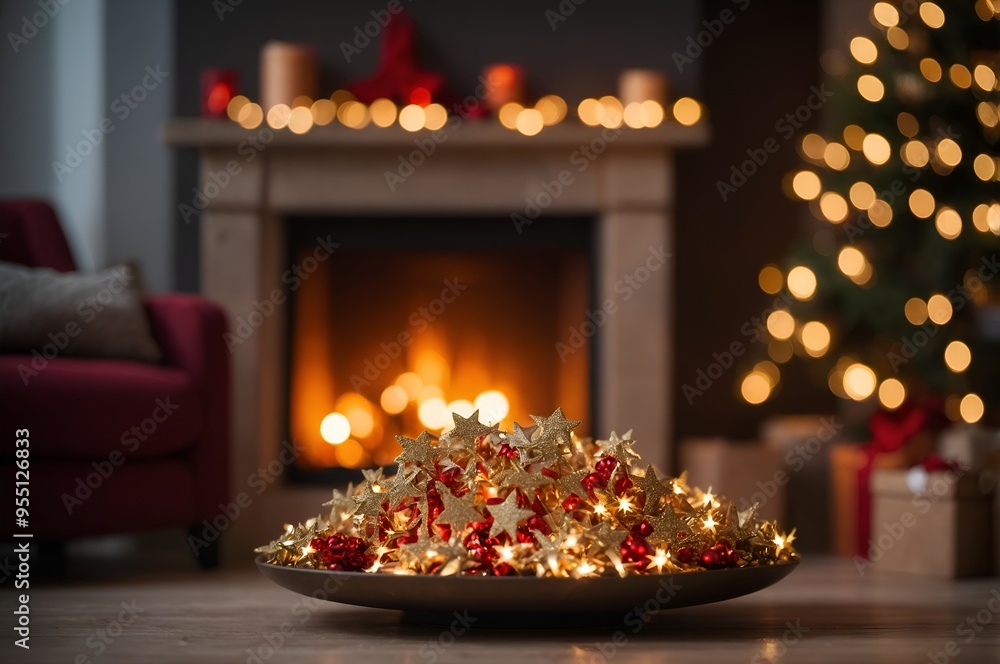 A beautiful display of festive decorations and stars in a cozy living room, highlighted by a glowing fireplace, creating a warm holiday atmosphere. A beautiful display of festive decorations and stars in a cozy living room, highlighted by a glowing fireplace, creating a warm holiday atmosphere.