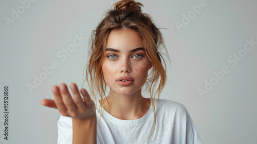 Beautiful casual woman in white shirt showing hand for advertisement fashion concept