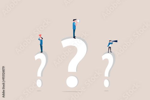 Businessman standing on huge question mark look through binoculars and megaphone to search for new business idea. concept of problem solution, opportunity and success