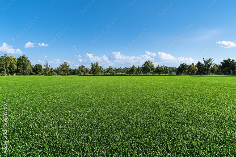 A well-trimmed green grass field with blue sky A well-trimmed green grass field with blue sky