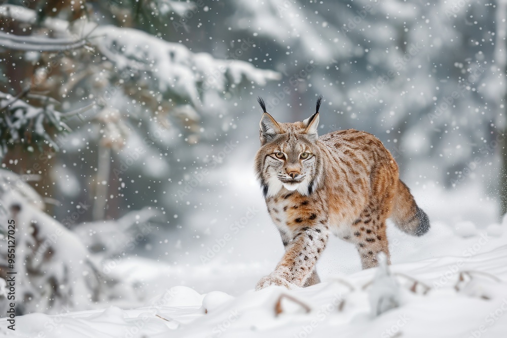 A striking image of a European lynx prowling silently through a snowy forest A striking image of a European lynx prowling silently through a snowy forest