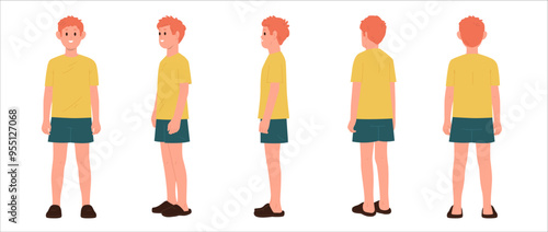 Teenage boy cartoon character standing in different pose with various angles isolated set on white