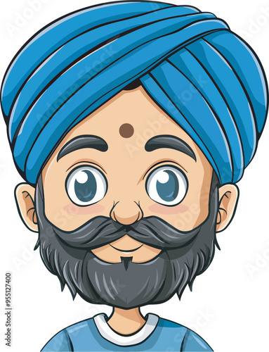 Indian Man Wearing Blue Turban Cartoon Avatar Character Design Isolated Background Religious Figure Hinduism India Culture Tradition Male Portrait Facial Hair Mustache Beard