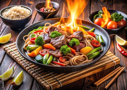 Sizzling hot teppan grill ignites flames as savory stir-fry sizzles, surrounded by vibrant vegetables, noodles, and succulent meat, ambiance of Japanese cuisine. photo