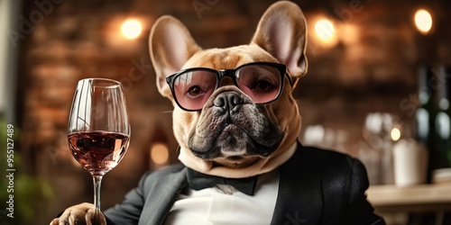 Cute Portrait of a French Bulldog celebrates a Party in a Suit with a glass of Wine, French Bulldog with Sunglasses,for NFT Art, Fashion Design, and Urban Culture. AI-Generated 4K Wallpaper for Inclus photo