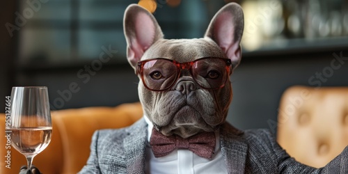 Cute Portrait of a French Bulldog celebrates a Party in a Suit with a glass of Wine, French Bulldog with Sunglasses,for NFT Art, Fashion Design, and Urban Culture. AI-Generated 4K Wallpaper for Inclus photo