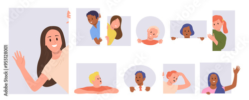 Happy smiling, curious, amazed people cartoon characters peeping out looking from different hole