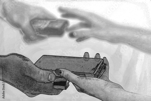 Man and woman exchange smartphones, Pencil drawn sketchy draft illustration