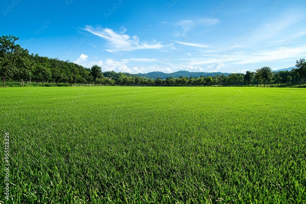 A well-trimmed green grass field with blue sky A well-trimmed green grass field with blue sky