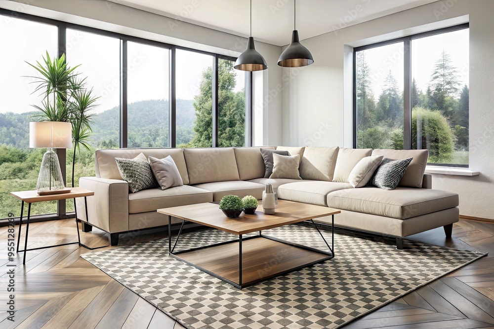 Sleek, modern living room features a neutral-toned sectional sofa, geometric-patterned rug, and minimalist coffee table amidst a backdrop of natural light and airy whitespace. Sleek, modern living room features a neutral-toned sectional sofa, geometric-patterned rug, and minimalist coffee table amidst a backdrop of natural light and airy whitespace.