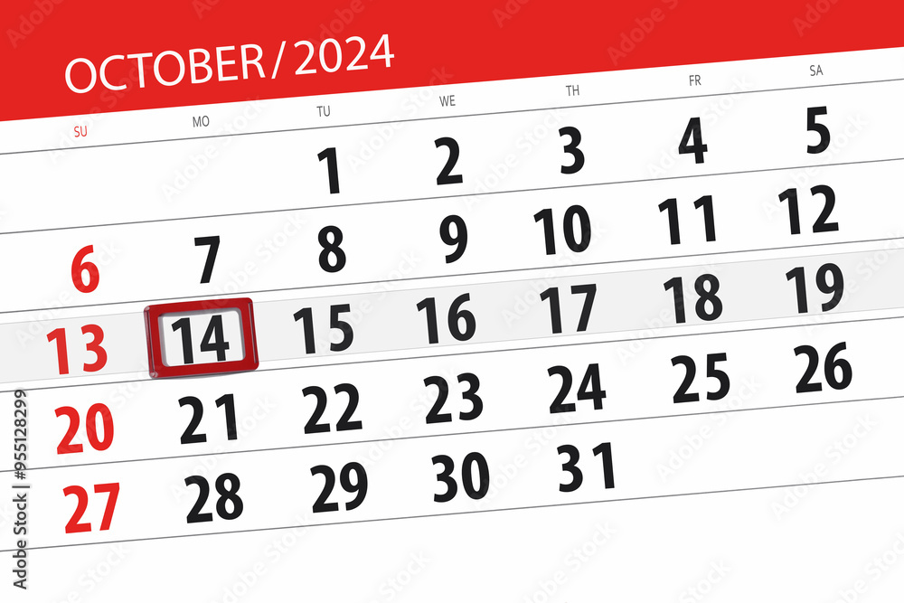 Fototapeta premium Calendar 2024, deadline, day, month, page, organizer, date, October, monday, number 14