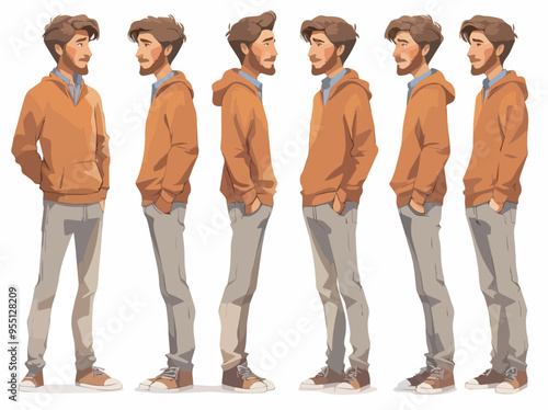Young man character design for animation front side and back view wearing hoodie and jeans mockup character pose isolated illustration