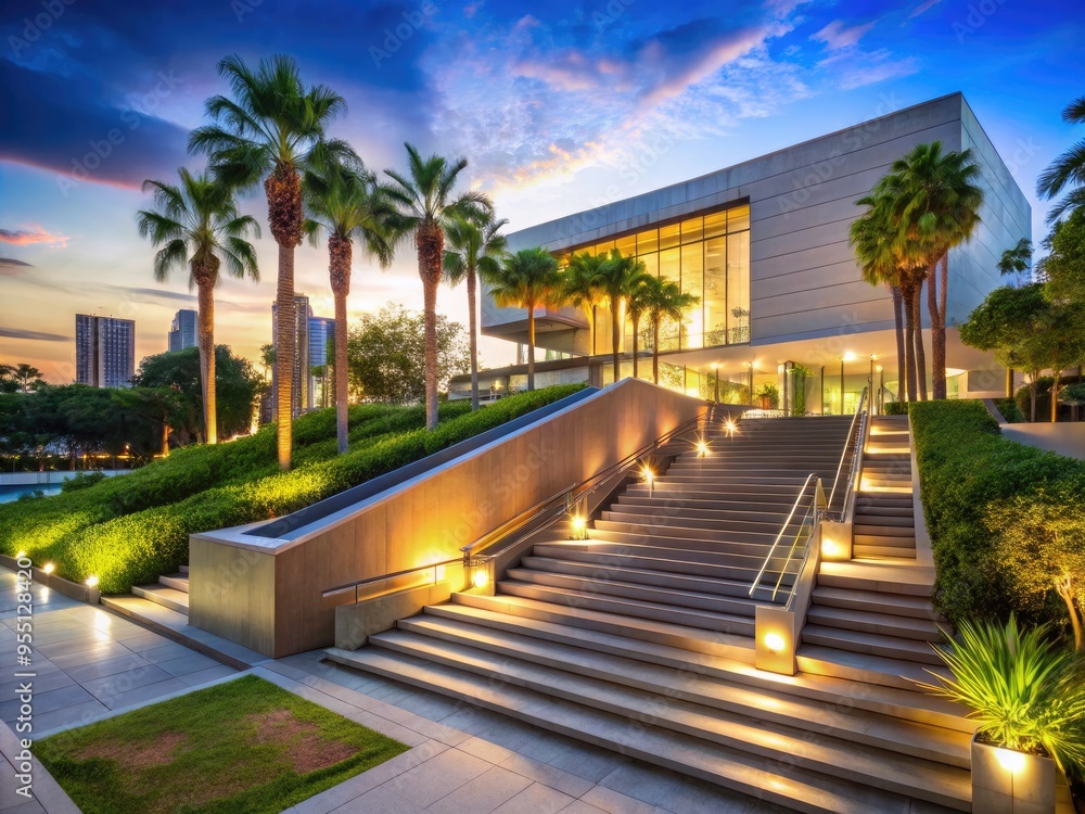 sleek, modern museum building amidst lush greenery, with stairs and sculpture garden, surrounded by palm trees and vibrant city lights at dusk. sleek, modern museum building amidst lush greenery, with stairs and sculpture garden, surrounded by palm trees and vibrant city lights at dusk.