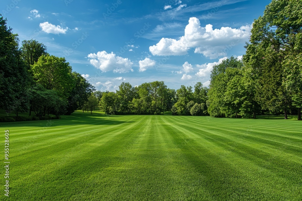 A well-trimmed green grass field with blue sky A well-trimmed green grass field with blue sky