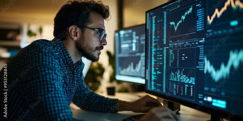 Financial analyst reviewing economic theory data on a digital platform clear visualizations and performance metrics modern interface Financial analyst reviewing economic theory data on a digital platform clear visualizations and performance metrics modern interface