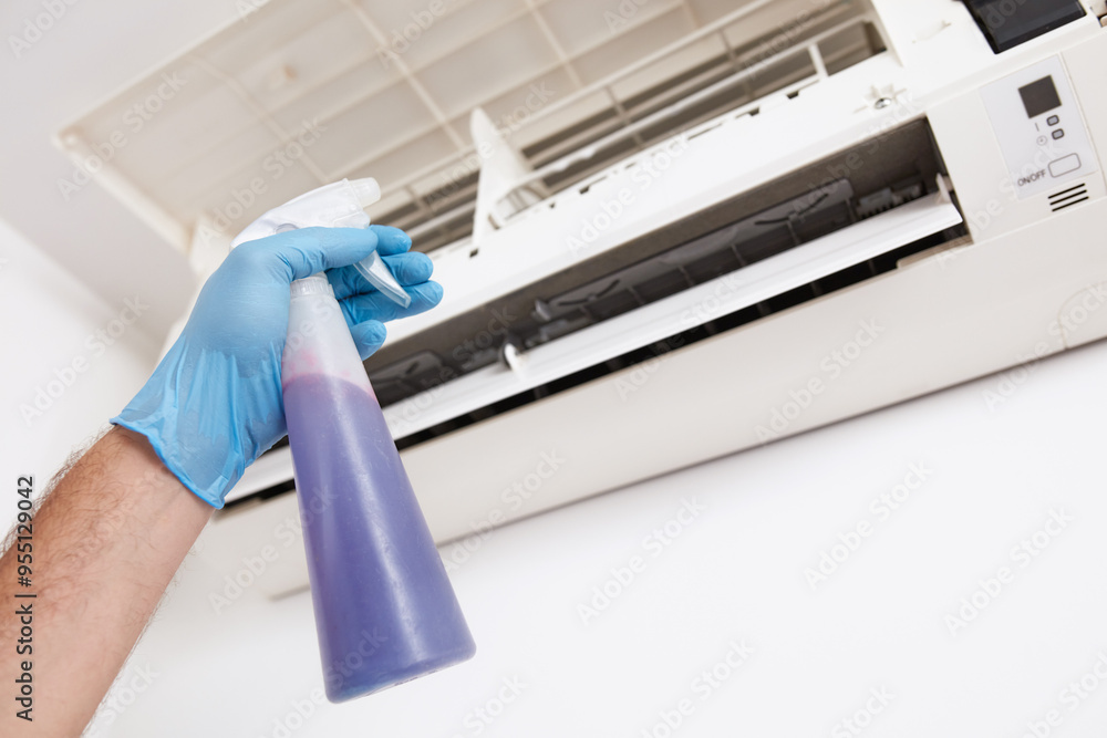 Man cleaning and maintaining air condition unit at home. Man cleaning and maintaining air condition unit at home.