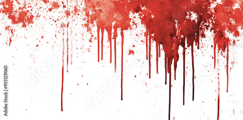 Red blood or paint flowing down on transparent background. Halloween, murder and horror concept. Red ink splash, splatter and stain.