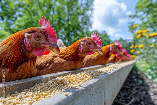 Brown Chickens Eating Grain from Wooden Trough photo