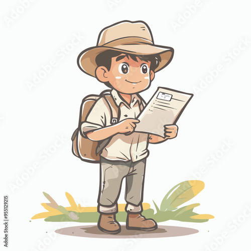 Young Adventurer Exploring with Map Backpack and HatIllustration Cartoon Character Travel Hiking Outdoors Nature Discovery Curiosity Exploration Backpacker Journey Trip Destination Vacation