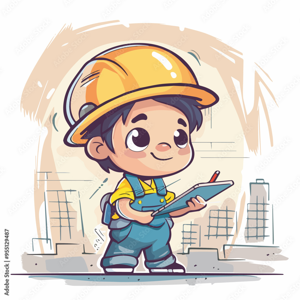 Cute cartoon construction worker character hardhat clipboard inspection constructionsite foreman builder architecture engineering development building contractor industry professional occupation Cute cartoon construction worker character hardhat clipboard inspection constructionsite foreman builder architecture engineering development building contractor industry professional occupation