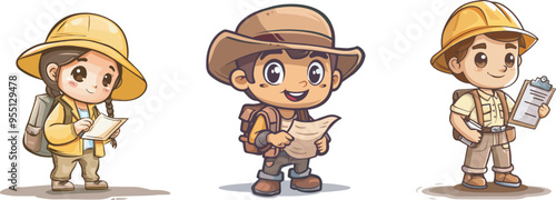 Cute cartoon explorer girl with backpack and mapillustration for travel adventure tourism backpacking exploring and wilderness concepts