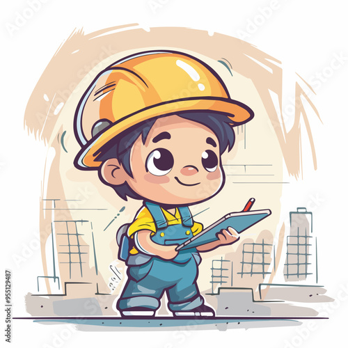 Cute cartoon construction worker character hardhat clipboard inspection constructionsite foreman builder architecture engineering development building contractor industry professional occupation