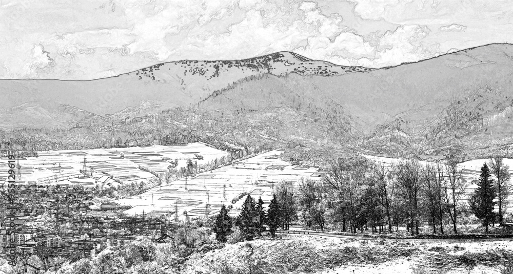Gorgeous mountains and hills, Pencil drawn sketchy draft illustration Gorgeous mountains and hills, Pencil drawn sketchy draft illustration